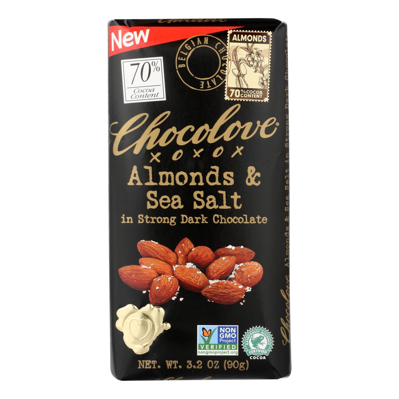 Chocolove Xoxox, Bar, Almond, Sea Salt, 70% Dark Chocolate, Case Of 12, 3.2 Oz