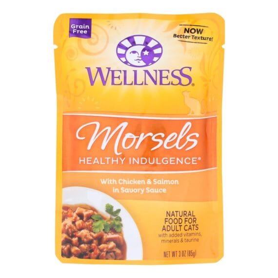 Wellness Pet Products Cat Food, Morsels With Chicken And Salmon In Savory Sauce, Case Of 24, 3 Oz.