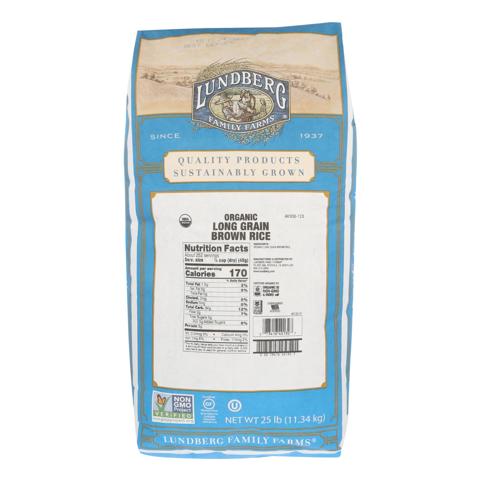 Lundberg Family Farms Organic Long Grain Brown Rice, Case Of 25 Lbs