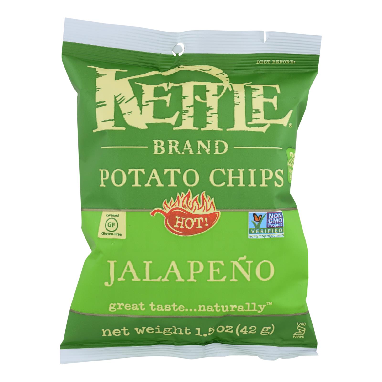 Kettle Brand Potato Chips, Jalapeno, Hot, 1.5 Oz, Case Of 24