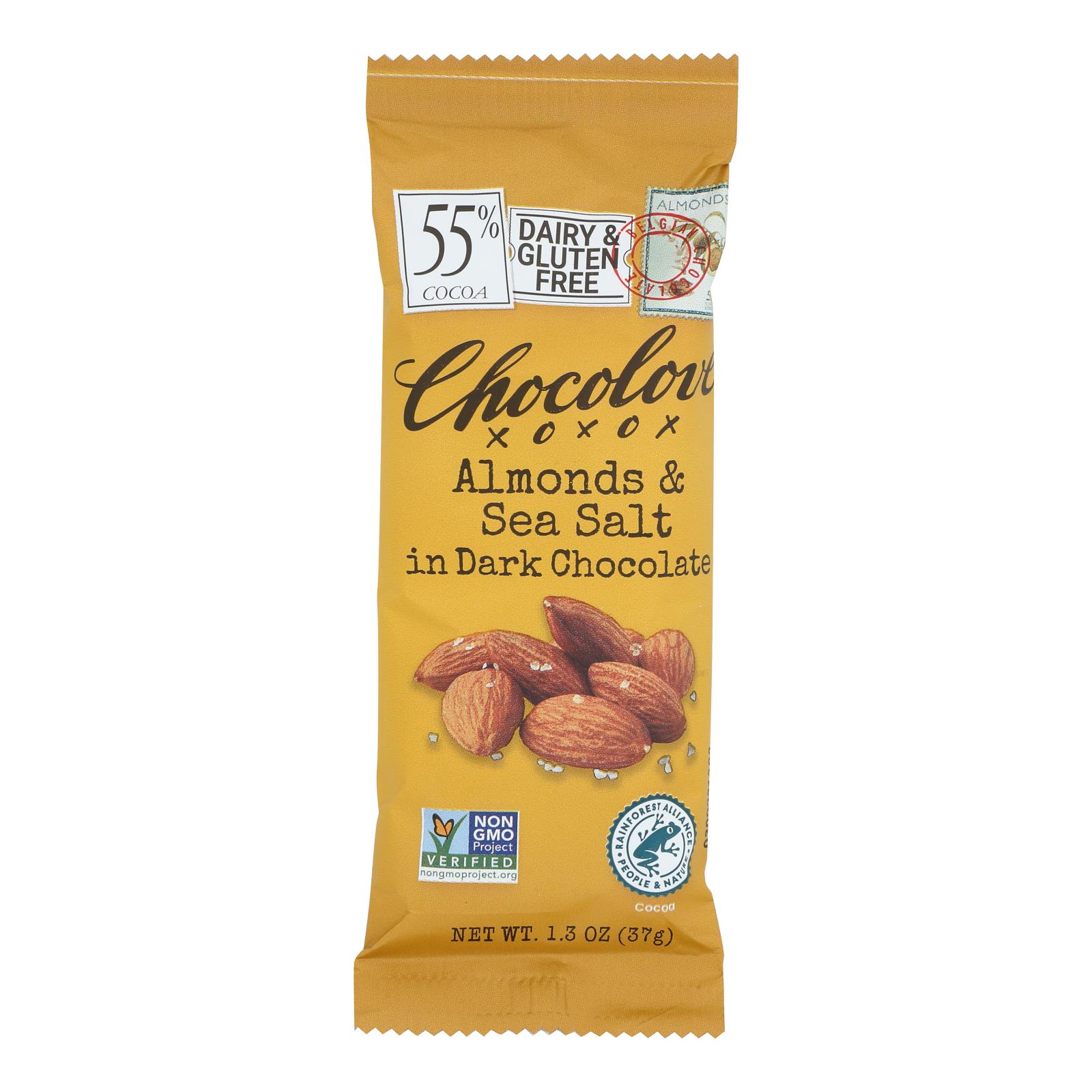 Chocolove Xoxox, Premium Chocolate Bar, Dark Chocolate, Almonds And Sea Salt, Mini 1.3 Oz Bars, Case Of 12