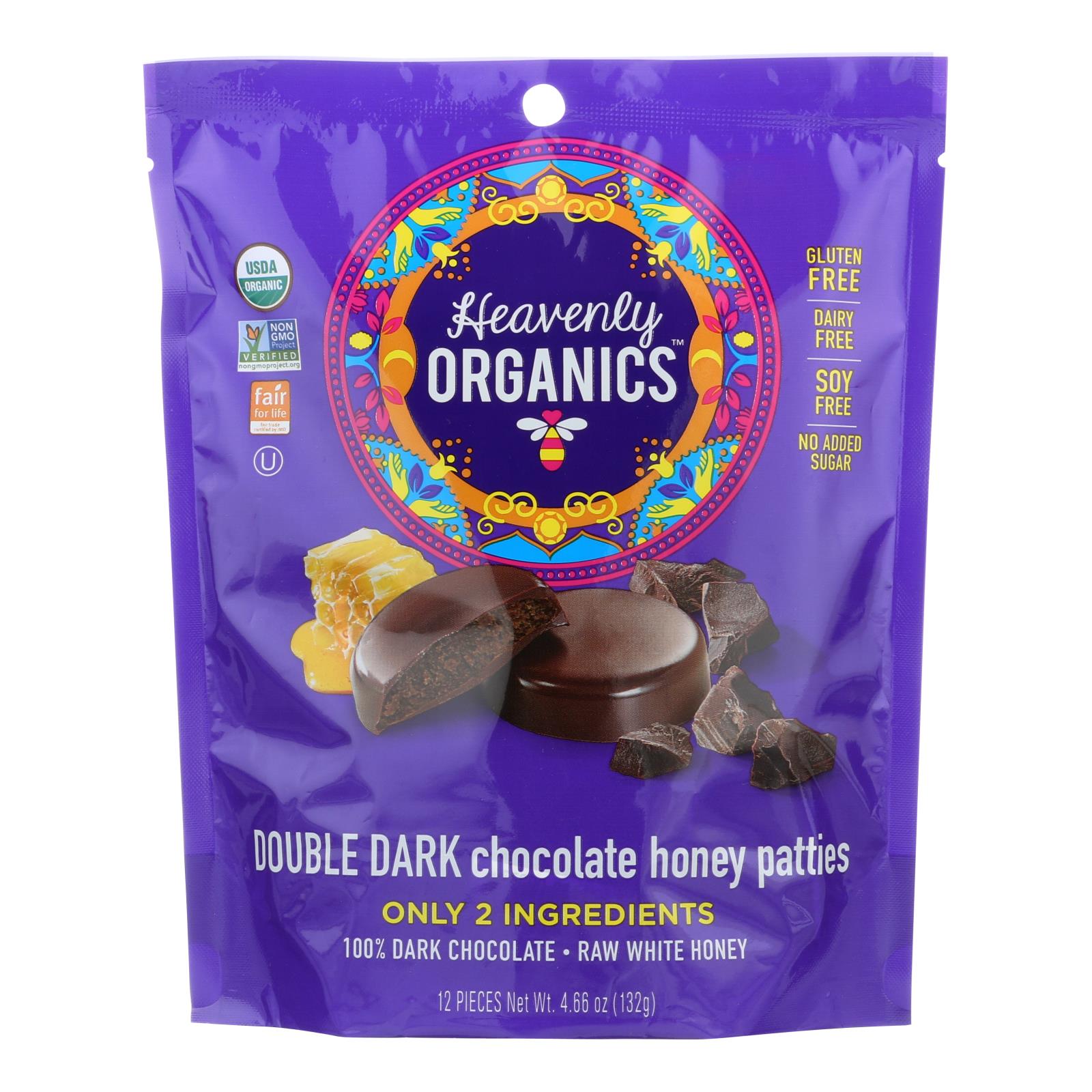 Heavenly Organics Candy Chocolate Honey Patties Double Dark Chocolate - Case Of 6 - 4.66 Oz