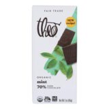 Theo Chocolate Organic Chocolate Bar, Classic, Dark Chocolate, 70 Percent Cacao, Mint, 3 Oz Bars, Case Of 12