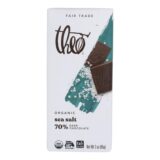 Theo Chocolate Organic Chocolate Bar, Classic, Dark Chocolate, 70 Percent Cacao, Sea Salt, 3 Oz Bars, Case Of 12