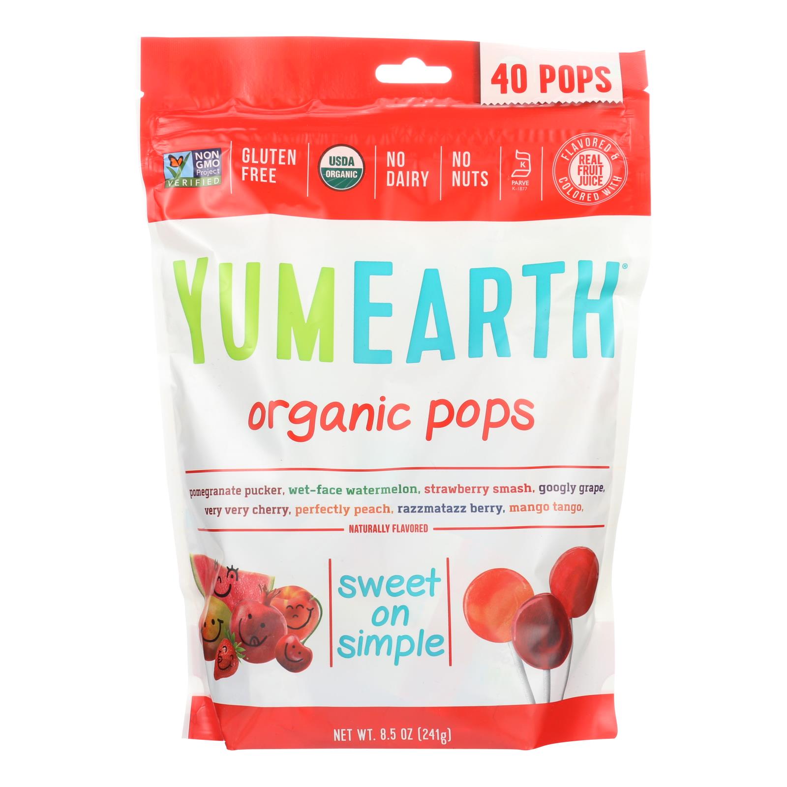 Yummy Earth Organics Lollipops, Organic Pops, 40 Plus, Assorted, 8.5 Oz, Case Of 12