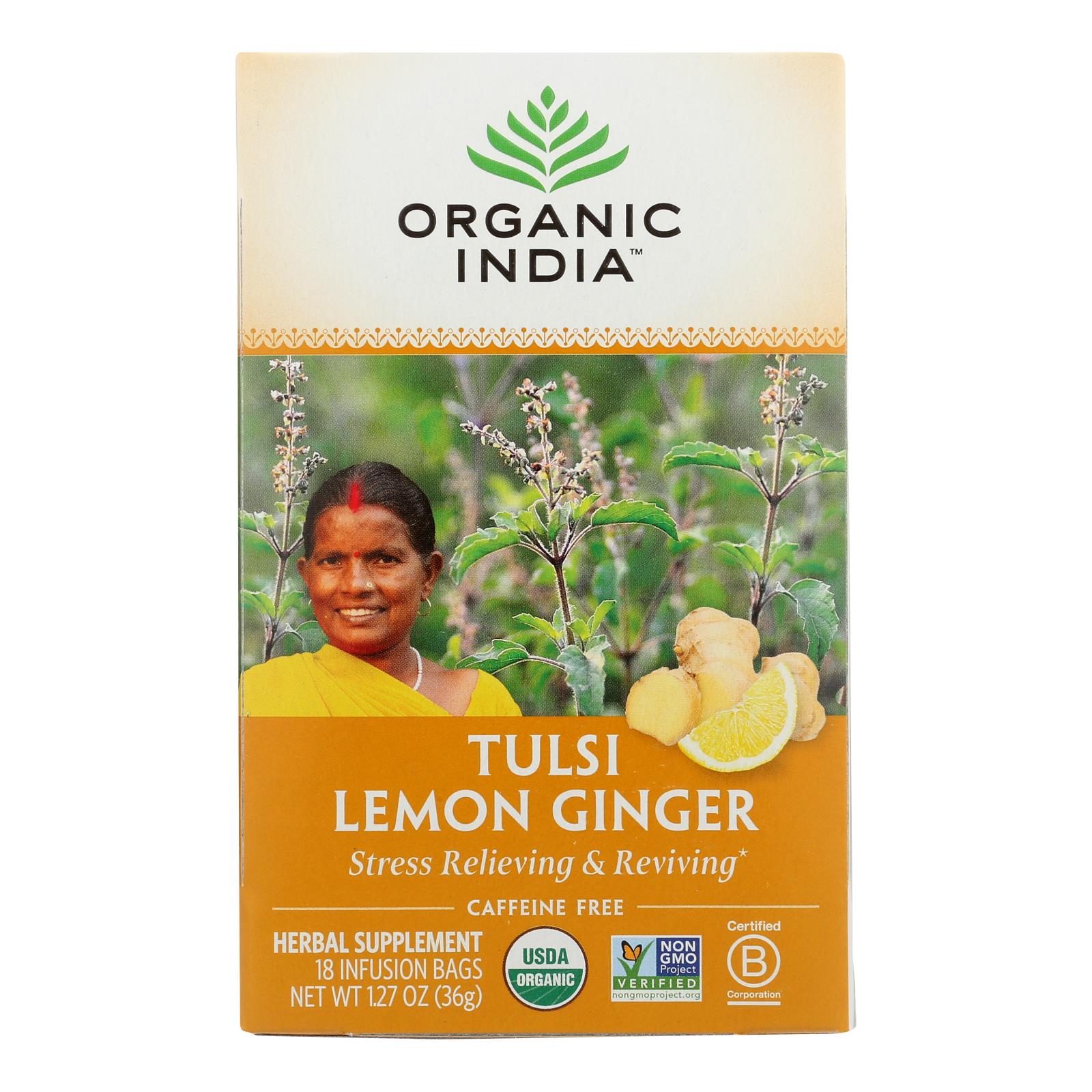 Organic India Tulsi Tea Lemon Ginger, 18 Tea Bags, Case Of 6