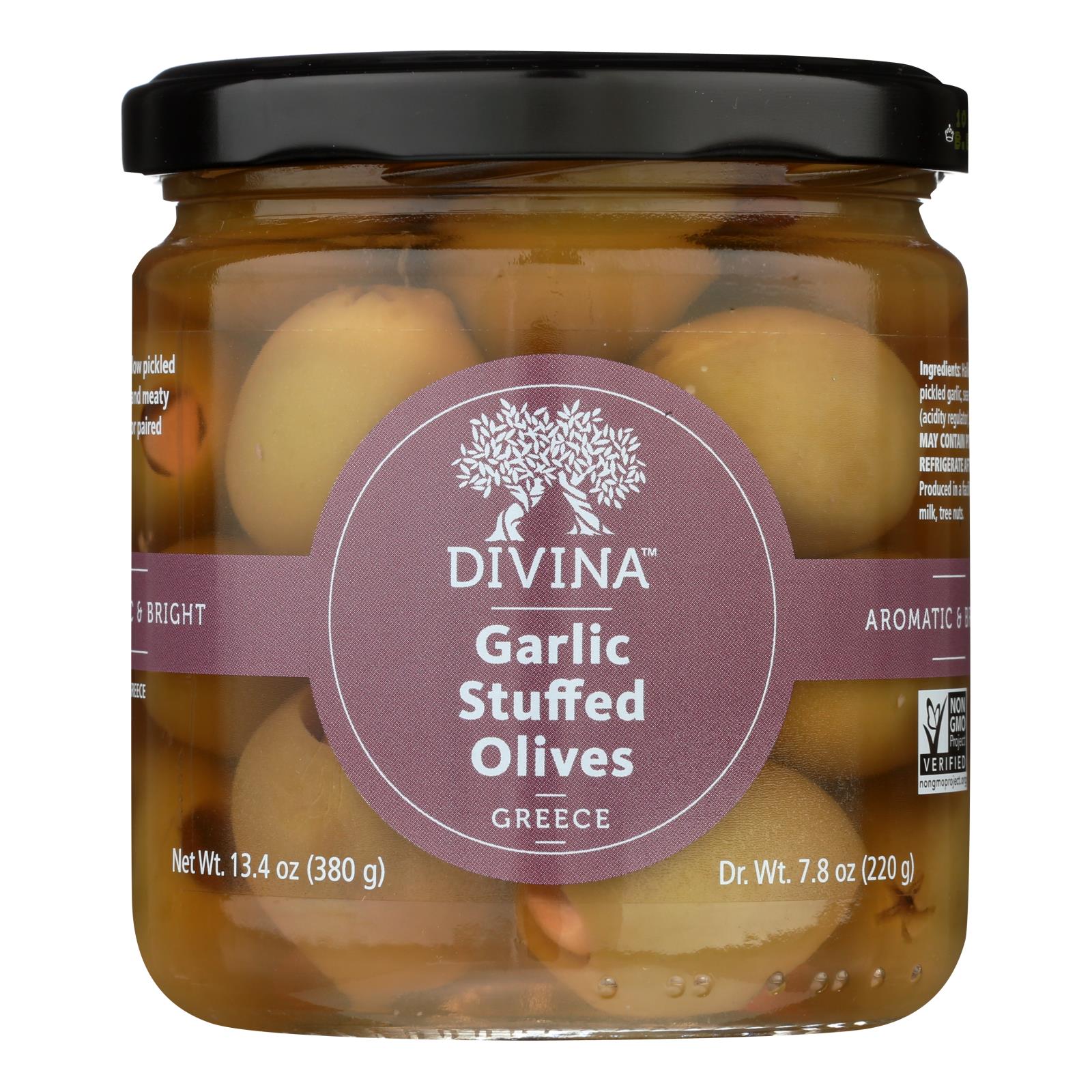 Divina, Green Olives Stuffed With Garlic, Case Of 6, 7.8 Oz.