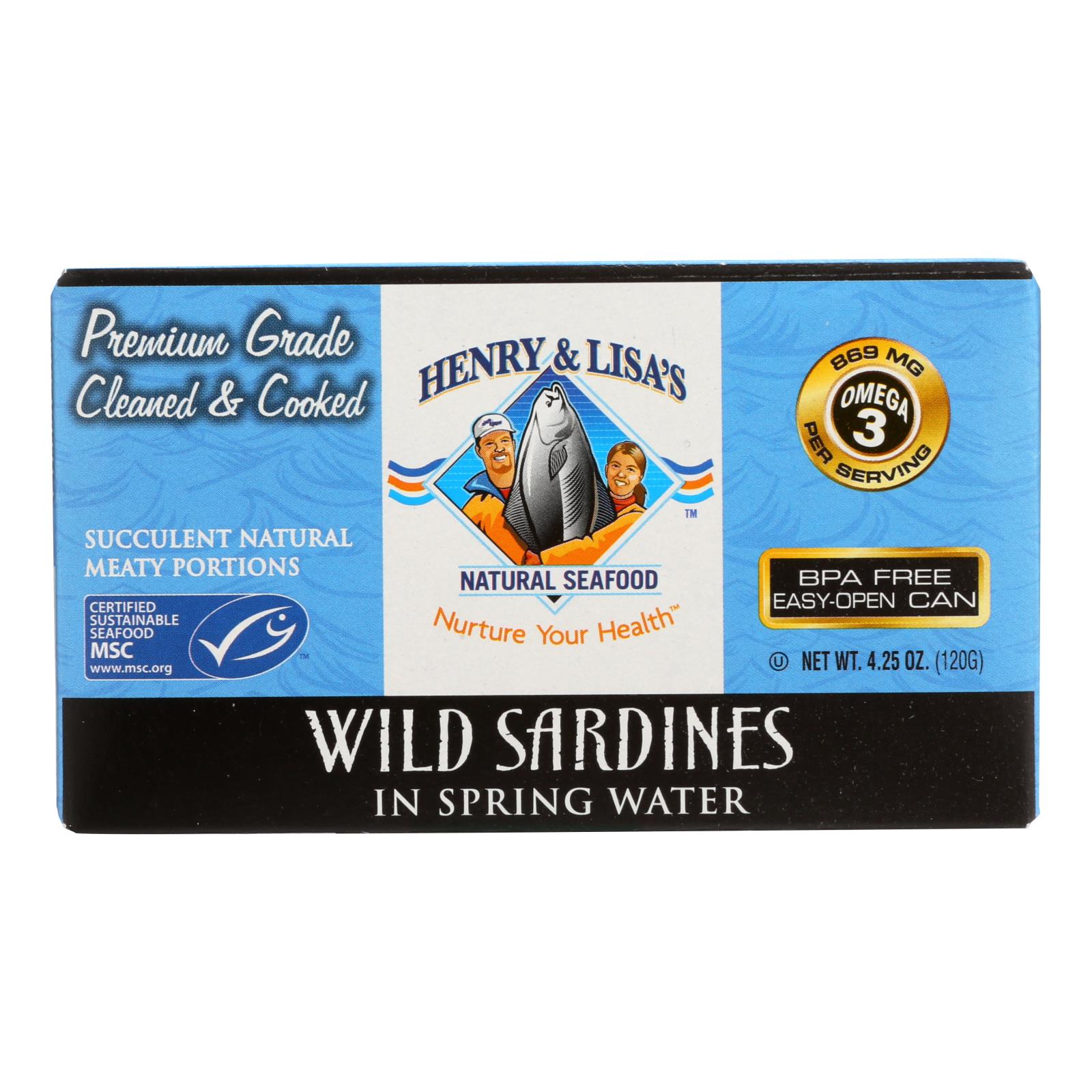 Henry And Lisa's Natural Seafood Wild Sardines In Spring Water, Case Of 12, 4.25 Oz.