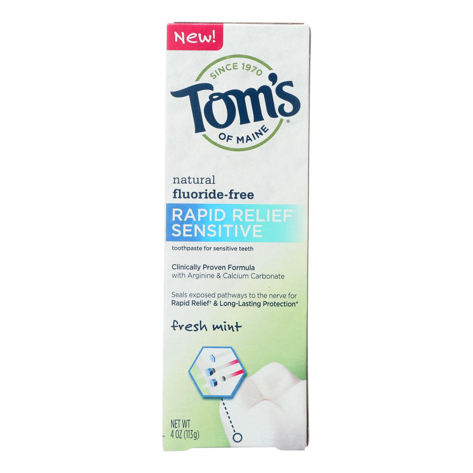 Tom's Of Maine Rapid Relief Sensitive Toothpaste, Fresh Mint Fluoride-free, Case Of 6, 4 Oz.