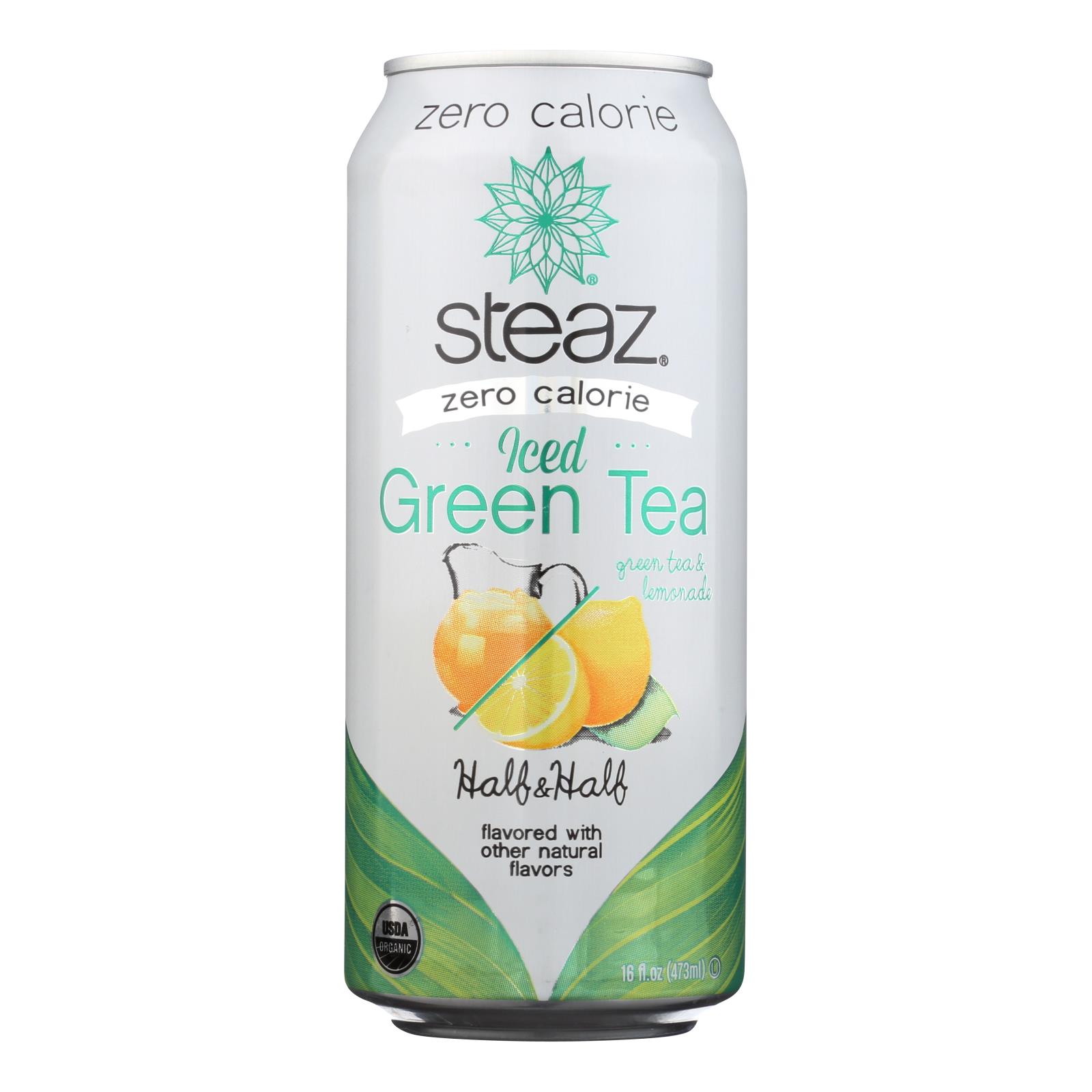 Steaz Zero Calorie Green Tea, Half And Half, Case Of 12, 16 Fl Oz.