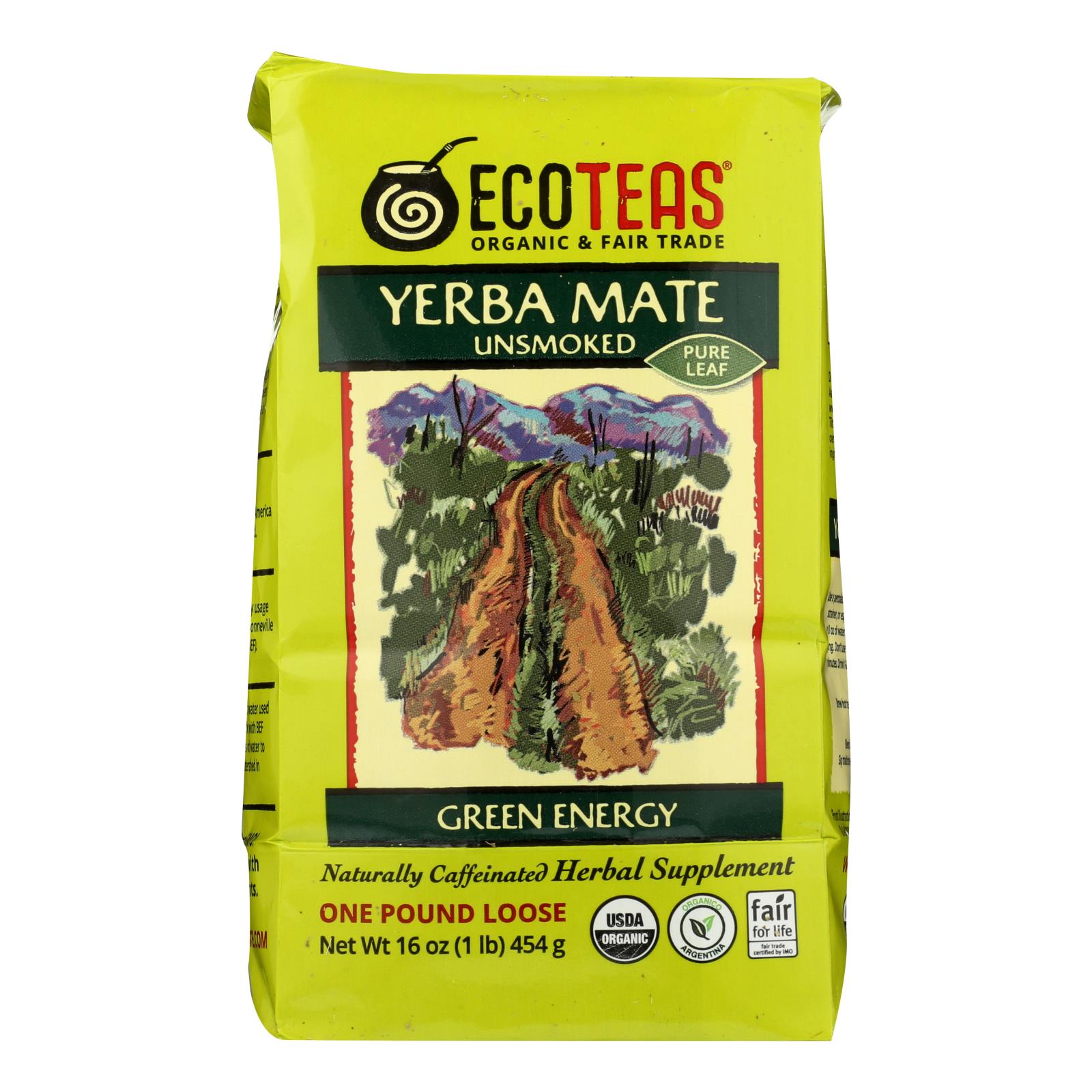 Ecoteas Organic Yerba Mate Unsmoked Green Energy Loose Tea, Case Of 6, 1 Lb.