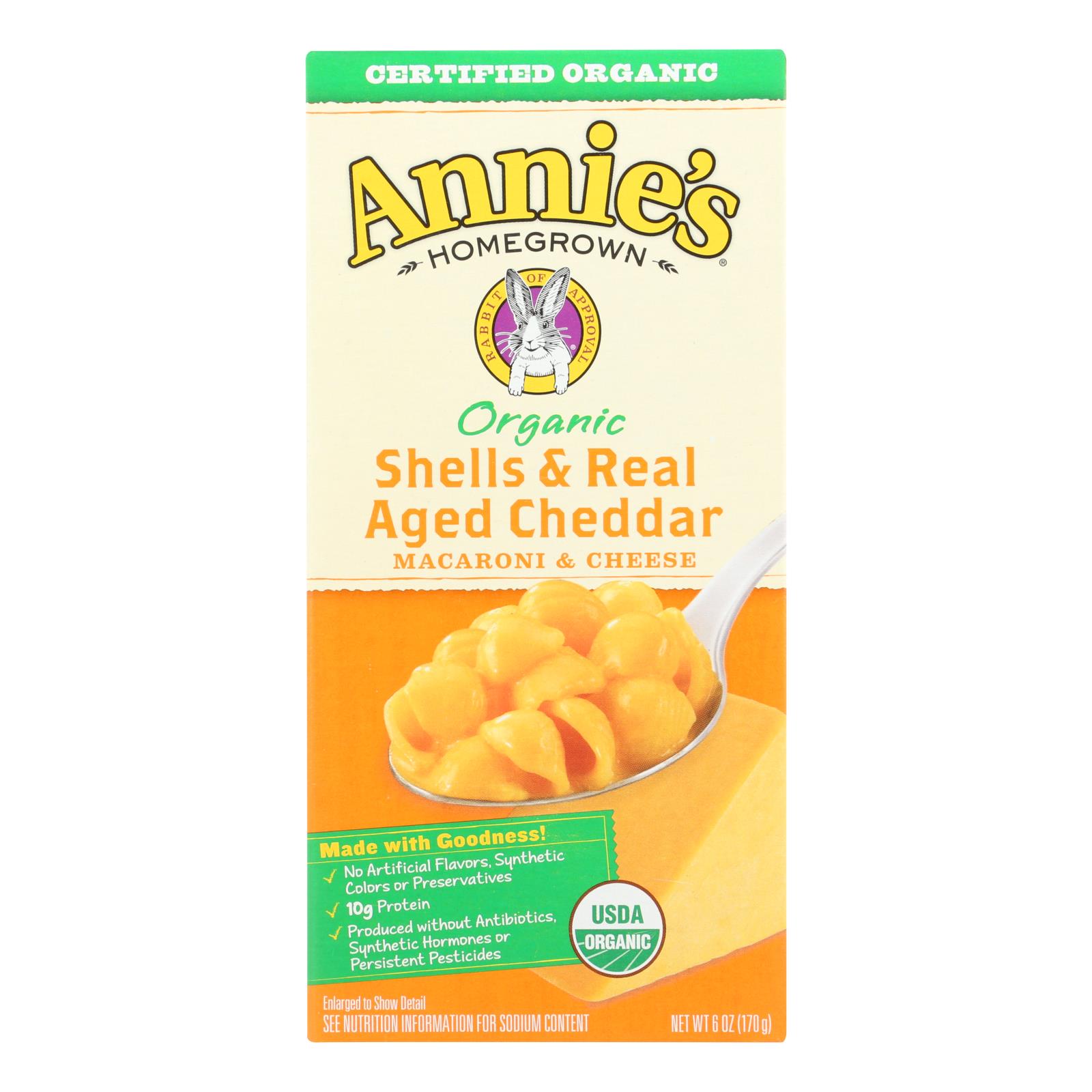 Annie's Homegrown Organic Shells And Real Aged Cheddar Macaroni And Cheese, Case Of 12, 6 Oz.