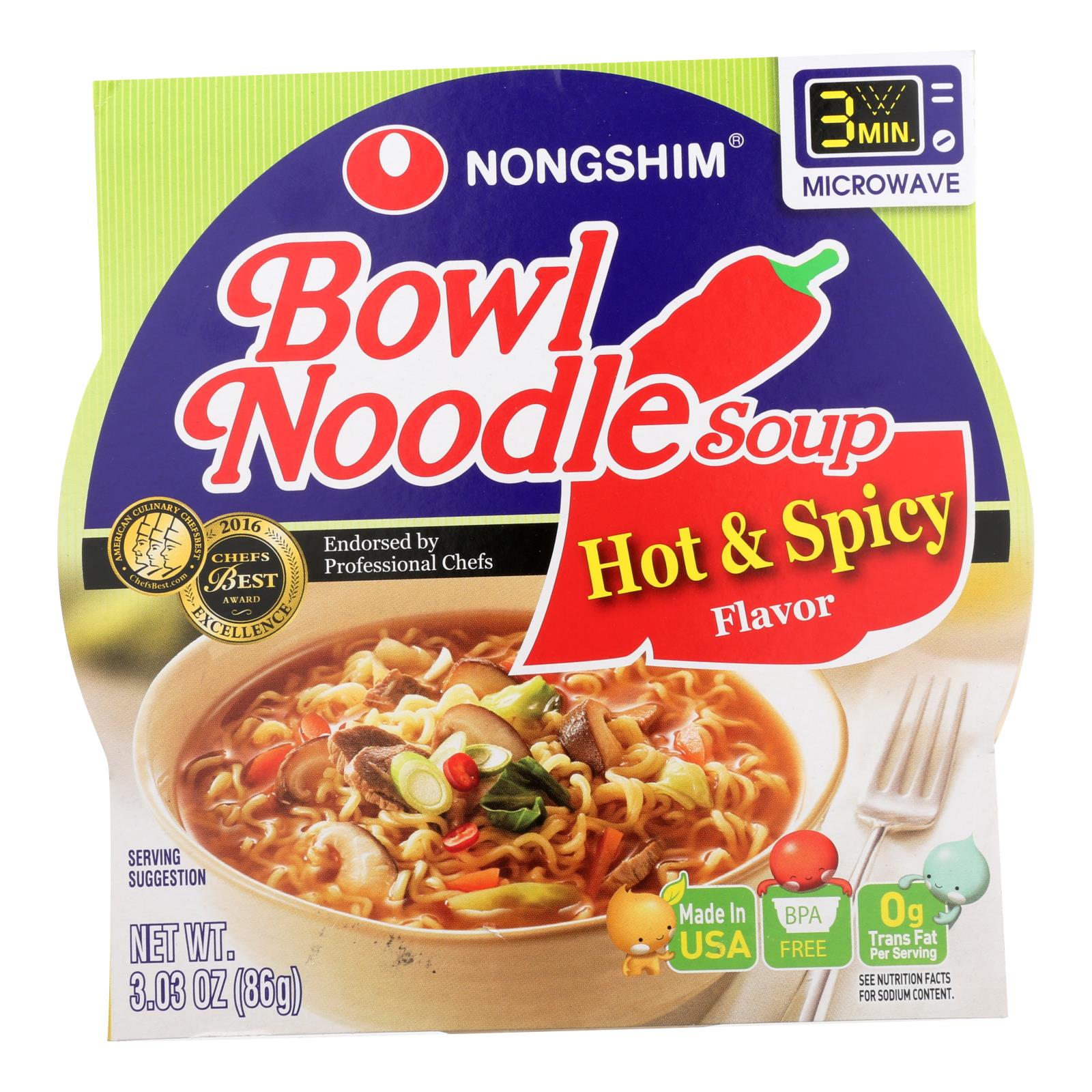 Nong Shim Hot And Spicy Bowl, Noodle Soup, Case Of 12, 3.03 Oz.