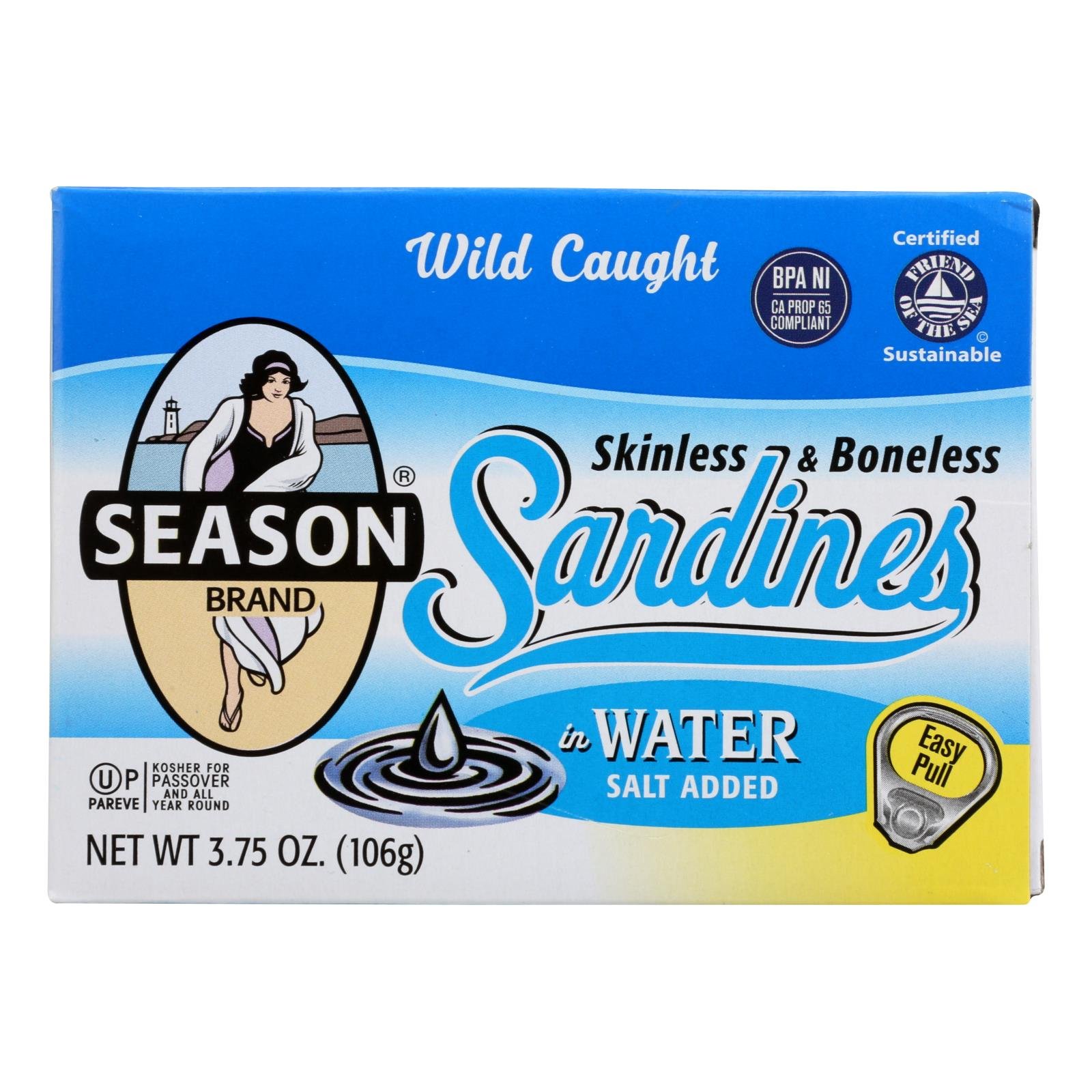 Season Brand Sardines, Skinless And Boneless, In Water, Salt Added, 3.75 Oz, Case Of 12