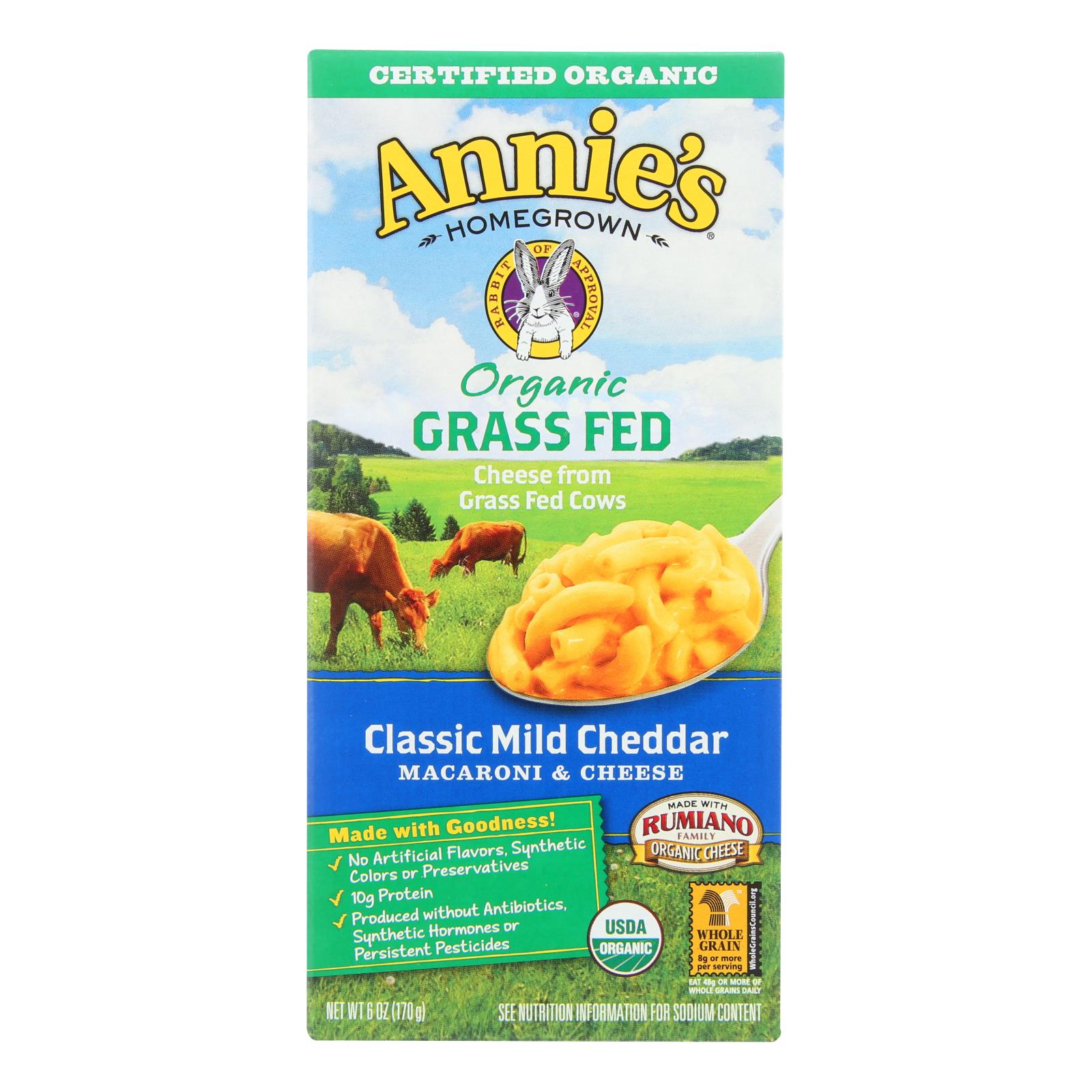 Annies Homegrown Macaroni And Cheese, Organic, Grass Fed, Classic Mild Cheddar, 6 Oz, Case Of 12