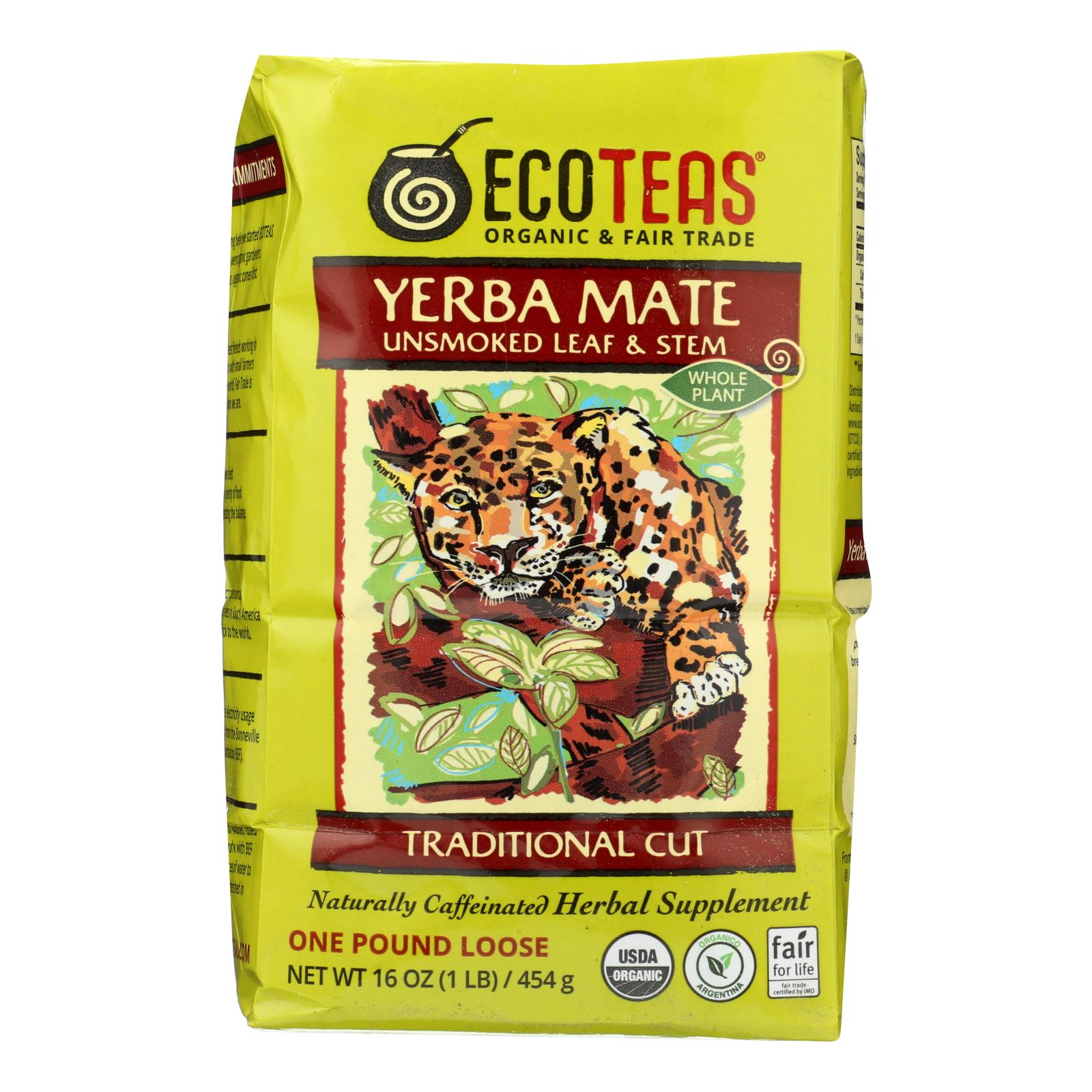 Ecoteas Organic Loose Yerba Mate, Traditional Cut, Case Of 6, 1 Lb.
