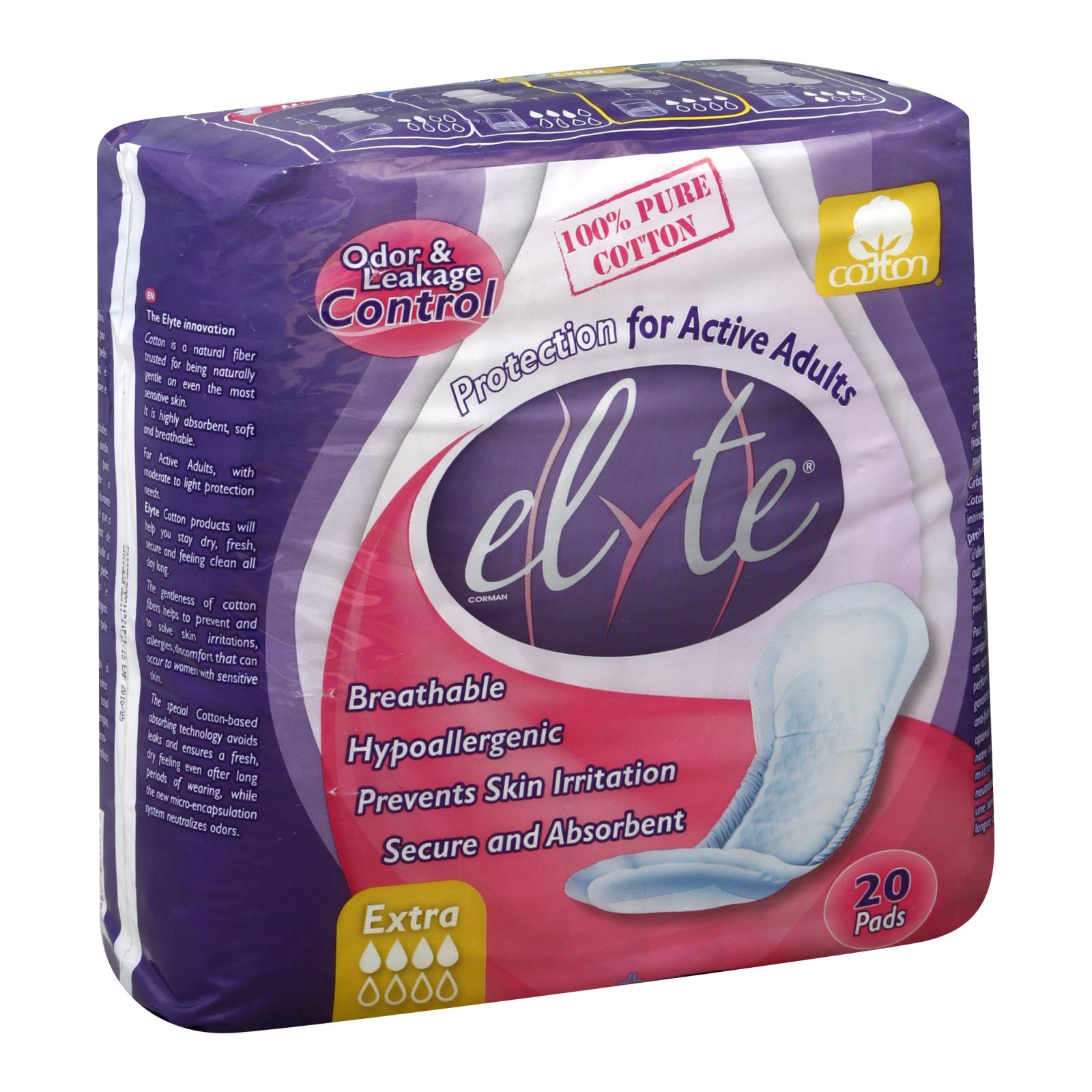 Elyte Light Cotton Incontinence Pads, Extra, 5 In X 13 In, 20 Pack